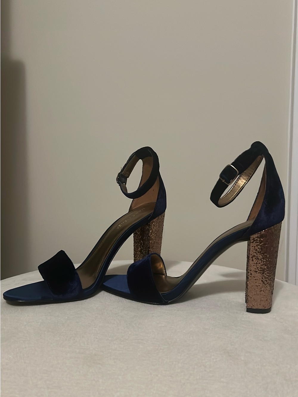 Marc Fisher Navy Velvet Ankle-Strap Sandals with Rose Gold Glitter Block Heel